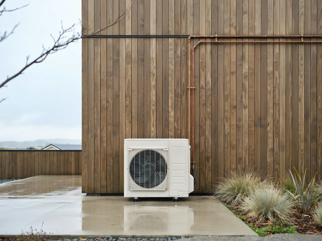 Heat pump outdoor unit on a Invercargill home